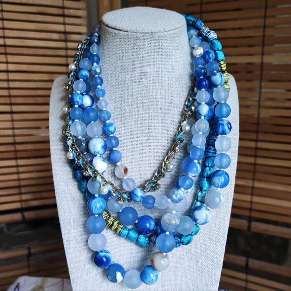 5 Strand Blue Acrylic Bauble Stone Rhinestone & Fabric Beaded Unsigned Necklace - Picture 2 of 12